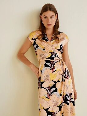 🌸 Mango Suit Black & Yellow Floral Midi Dress
